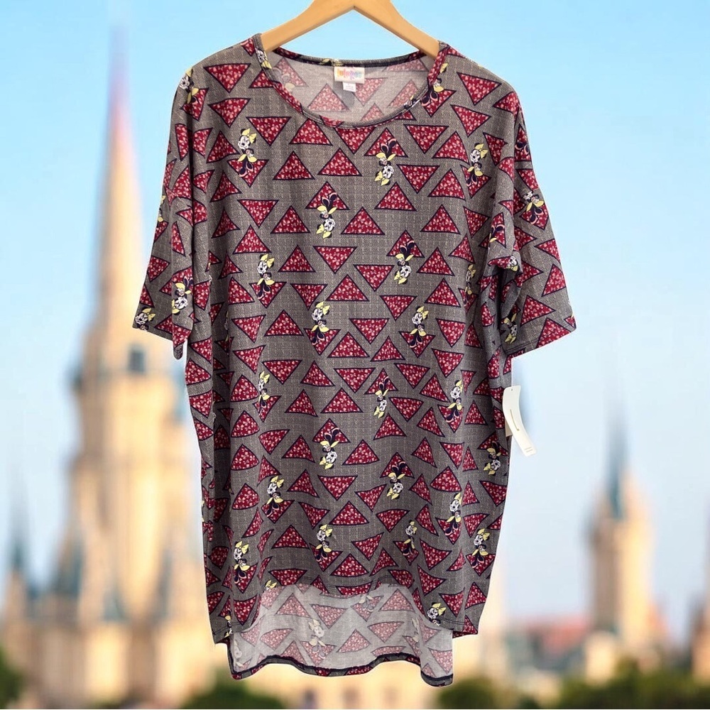 LuLaRoe Disney Irma Top Size L Minnie Mouse Gray Red Geometric NWT